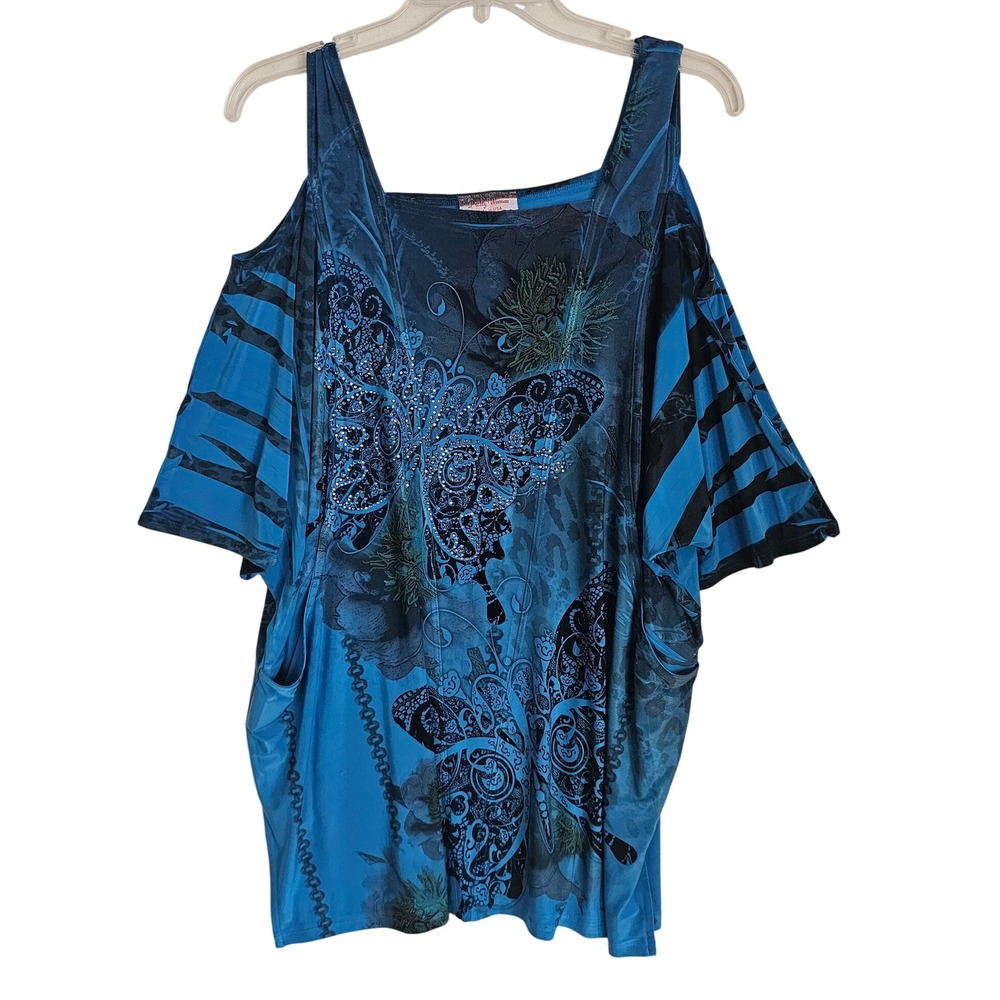 Vintage Pretty Woman Cold Shoulder Butterfly Rhinestone Blouse Top Blue One Size
